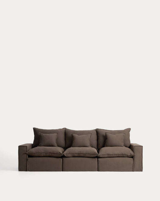 Canapé modulable déhoussable Anarela 3 places en 100 % lin taupe 310 cm FSC Mix Credit