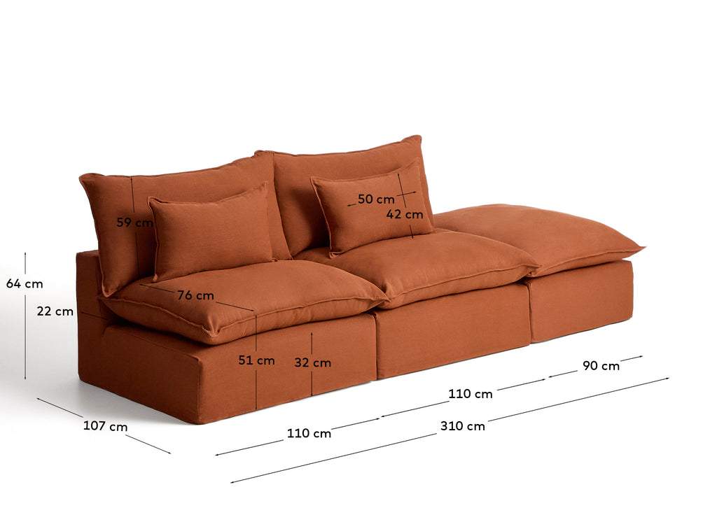Canapé modulable déhoussable Anarela 3 places avec pouf terminal en 100 % lin terracotta 310 cm FSC Mix Credit