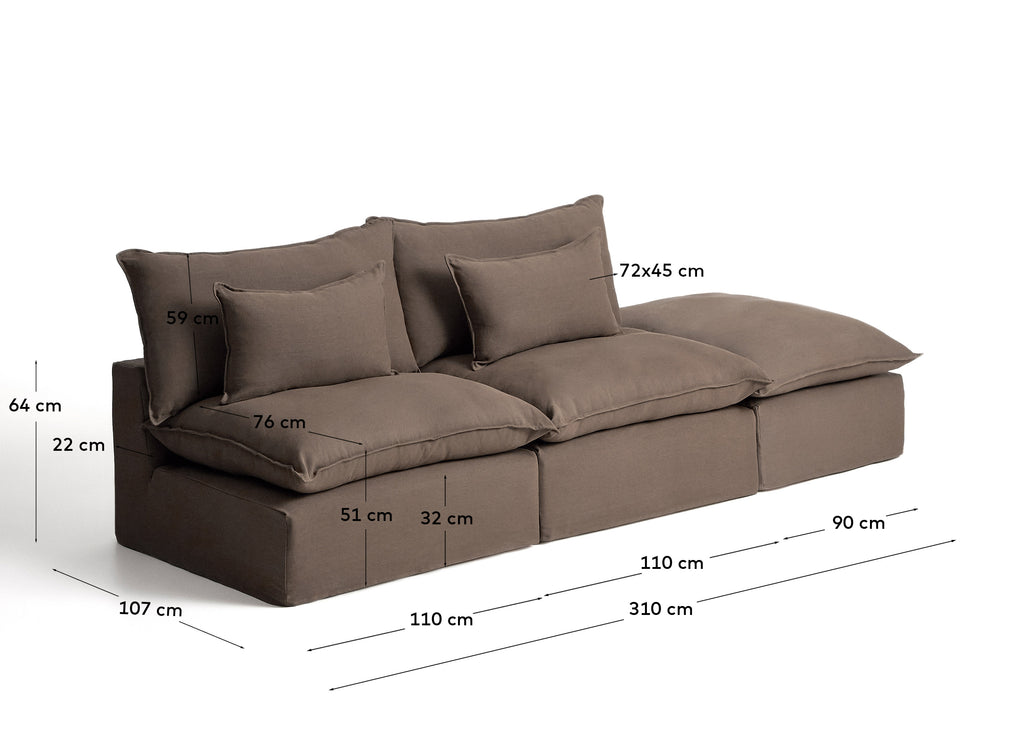 Canapé modulable déhoussable Anarela 3 places avec pouf terminal en 100 % lin taupe 310 cm FSC Mix Credit