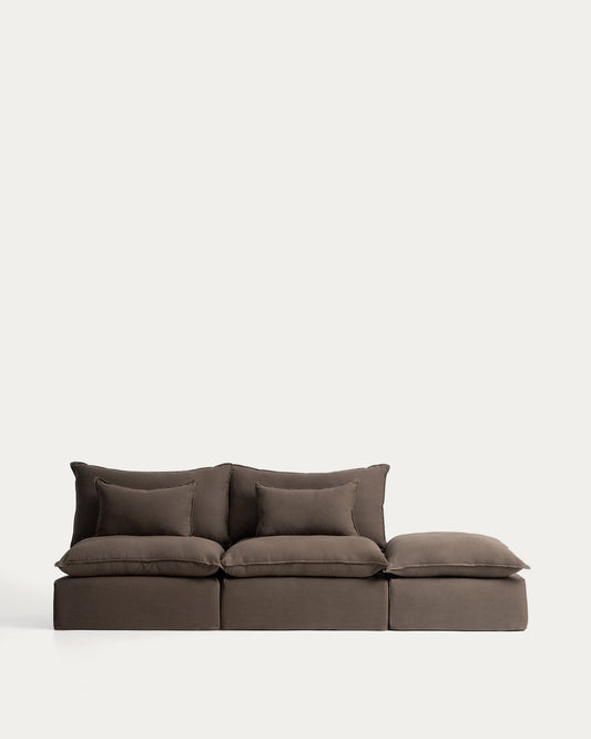 Canapé modulable déhoussable Anarela 3 places avec pouf terminal en 100 % lin taupe 310 cm FSC Mix Credit