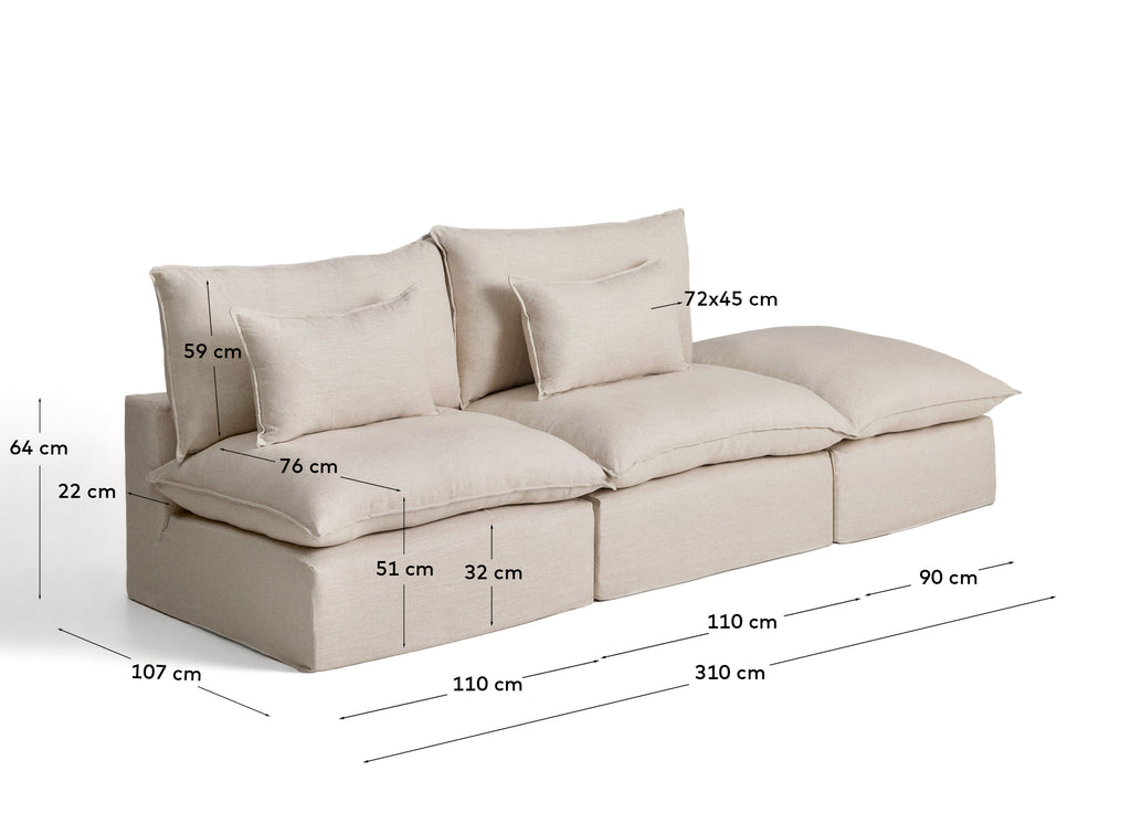 Canapé modulable déhoussable Anarela 3 places avec pouf terminal en lin et viscose beige 310 cm FSC Mix Credit