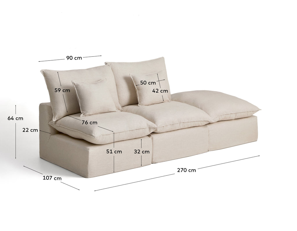 Canapé modulable déhoussable Anarela 2 places avec pouf terminal en lin et viscose beige 270 cm FSC Mix Credit
