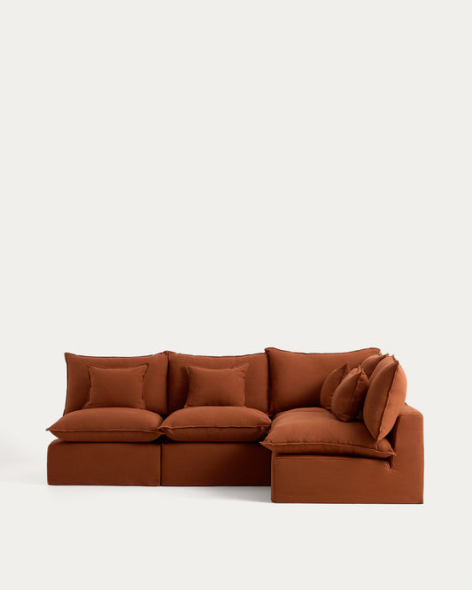 Canapé d’angle modulable déhoussable Anarela 4 places en 100 % lin terracotta 287 x 197 cm / 197 x 287 cm FSC Mix Credit