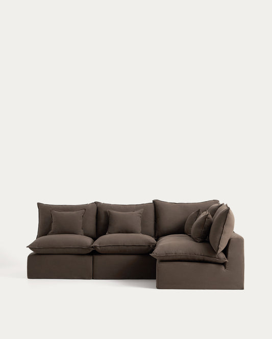 Canapé d’angle modulable déhoussable Anarela 4 places en 100 % lin taupe 287 x 197 cm / 197 x 287 cm FSC Mix Credit