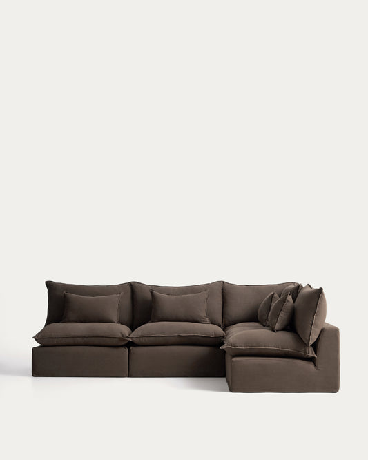 Canapé d’angle modulable déhoussable Anarela 6 places en 100 % lin taupe 327 x 217 cm / 217 x 327 cm FSC Mix Credit