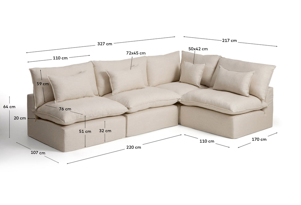 Canapé d’angle modulable déhoussable Anarela 6 places en lin et viscose beige 327 x 217 cm / 217 x 327 cm FSC Mix Credit
