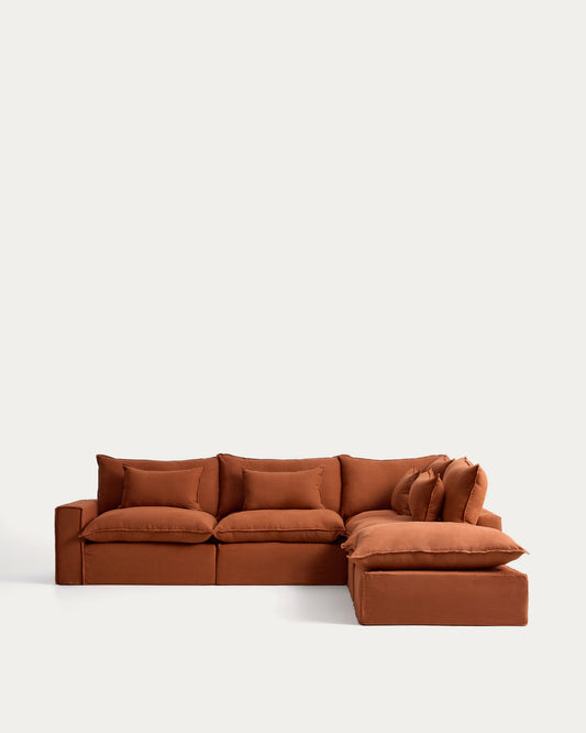 Canapé d’angle modulable déhoussable Anarela 6 places en 100 % lin terracotta 347 x 307 cm FSC Mix Credit