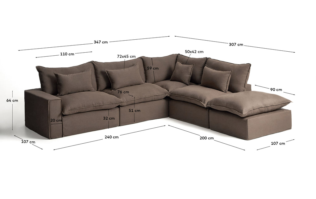 Canapé d’angle modulable déhoussable Anarela 6 places en 100 % lin taupe 347 x 307 cm FSC Mix Credit