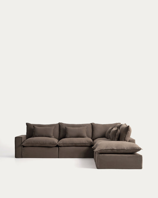 Canapé d’angle modulable déhoussable Anarela 6 places en 100 % lin taupe 347 x 307 cm FSC Mix Credit