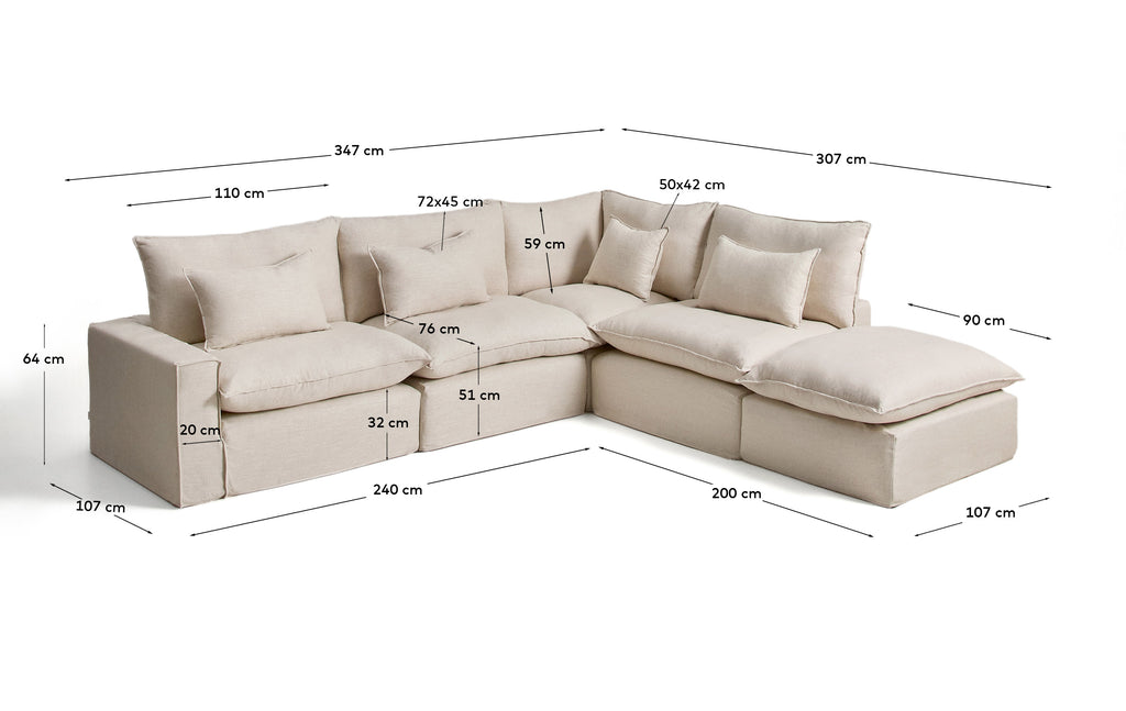 Canapé d’angle modulable déhoussable Anarela 6 places en lin et viscose beige 347 x 307 cm FSC Mix Credit