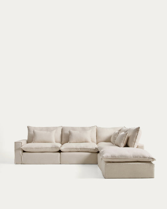 Canapé d’angle modulable déhoussable Anarela 6 places en lin et viscose beige 347 x 307 cm FSC Mix Credit