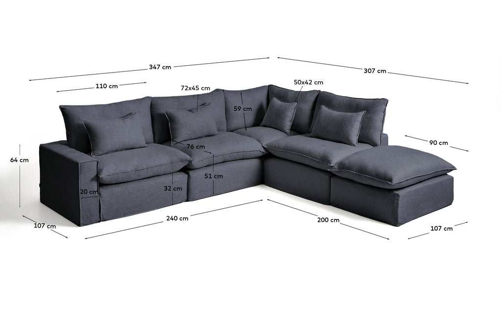 Canapé d’angle modulable déhoussable Anarela 6 places en lin et viscose gris foncé 347 x 307 cm FSC Mix Credit