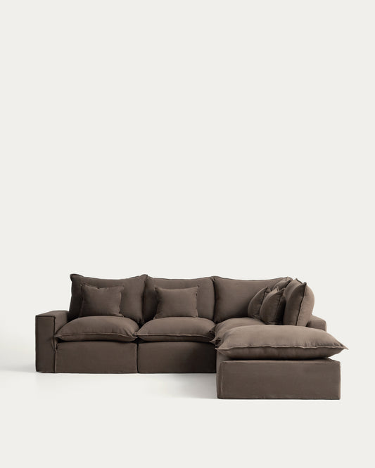 Canapé d’angle modulable déhoussable Anarela 4 places en 100 % lin taupe 307 x 287 cm FSC Mix Credit