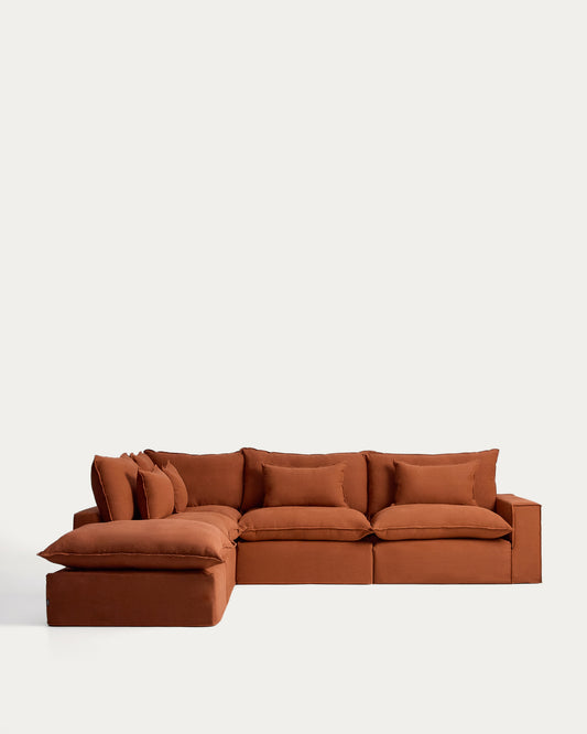 Canapé d’angle modulable déhoussable Anarela 6 places en 100 % lin terracotta 307 x 347 cm FSC Mix Credit
