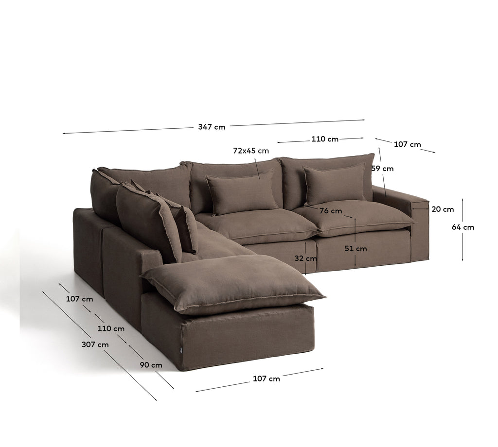 Canapé d’angle modulable déhoussable Anarela 6 places en 100 % lin taupe 307 x 347 cm FSC Mix Credit