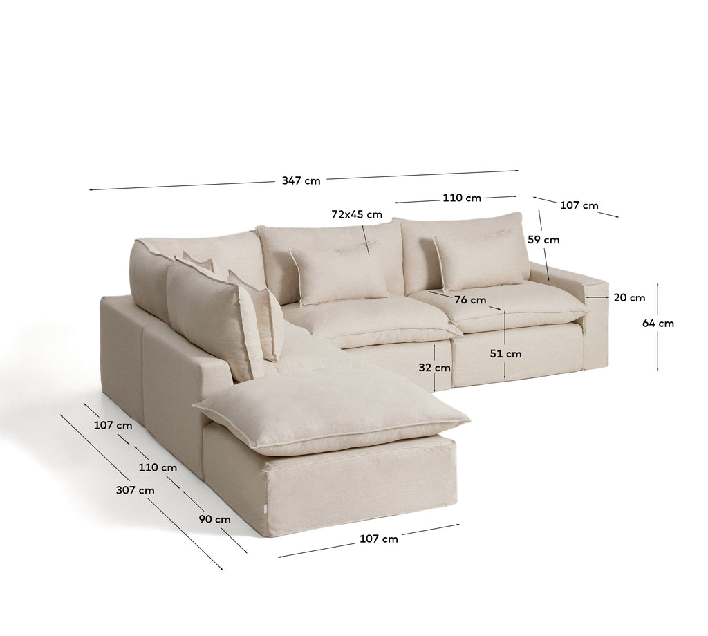 Canapé d’angle modulable déhoussable Anarela 6 places en lin et viscose beige 307 x 347 cm FSC Mix Credit