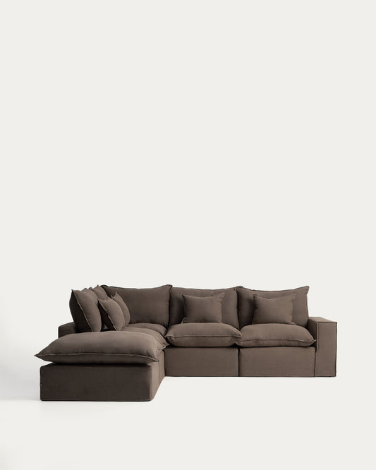 Canapé d’angle modulable déhoussable Anarela 4 places en 100 % lin taupe 287 x 307 cm FSC Mix Credit