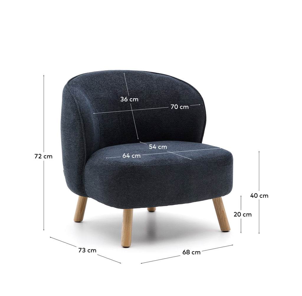 Fauteuil Ulit en tissu chenille bleu-gris et pieds en bois de hêtre finition naturelle