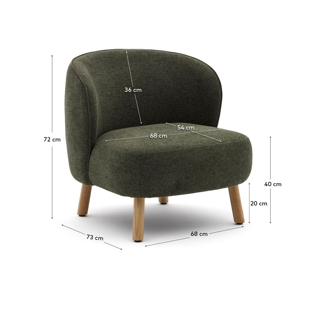 Fauteuil Ulit en tissu chenille vert et pieds en bois de hêtre finition naturelle