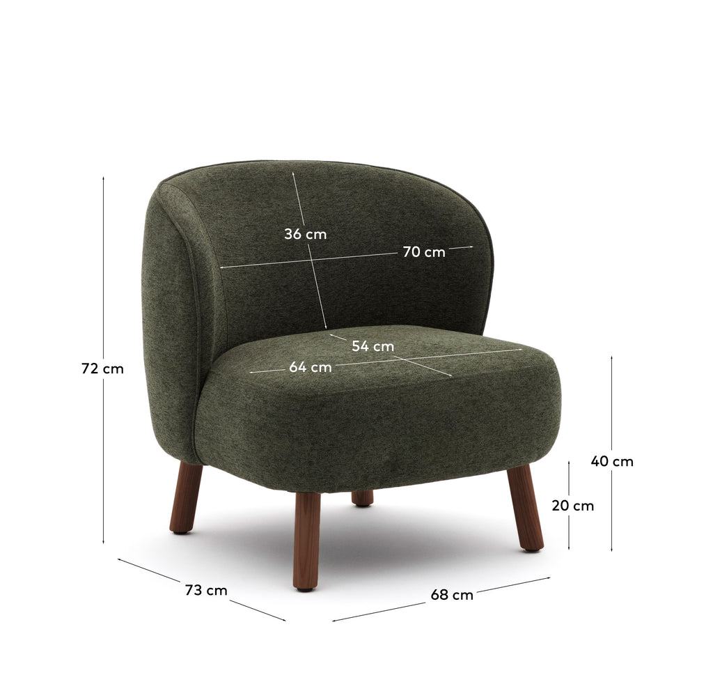 Fauteuil Ulit en chenille verte et pieds en bois de frêne finition ton noyer