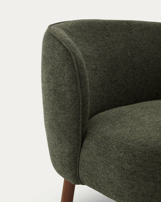 Fauteuil Ulit en chenille verte et pieds en bois de frêne finition ton noyer