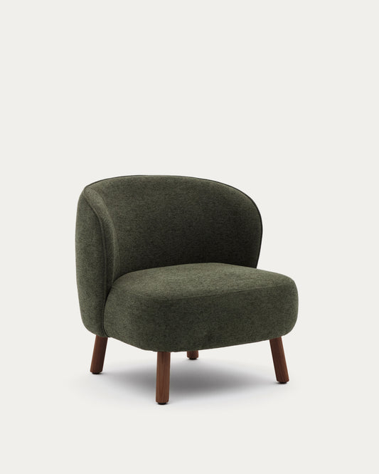 Fauteuil Ulit en chenille verte et pieds en bois de frêne finition ton noyer