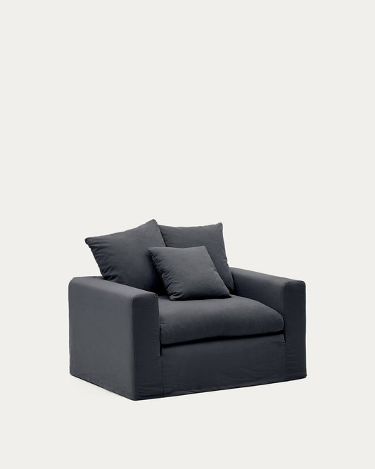 Fauteuil déhoussable Nora avec coussin en lin et coton gris anthracite 140 cm