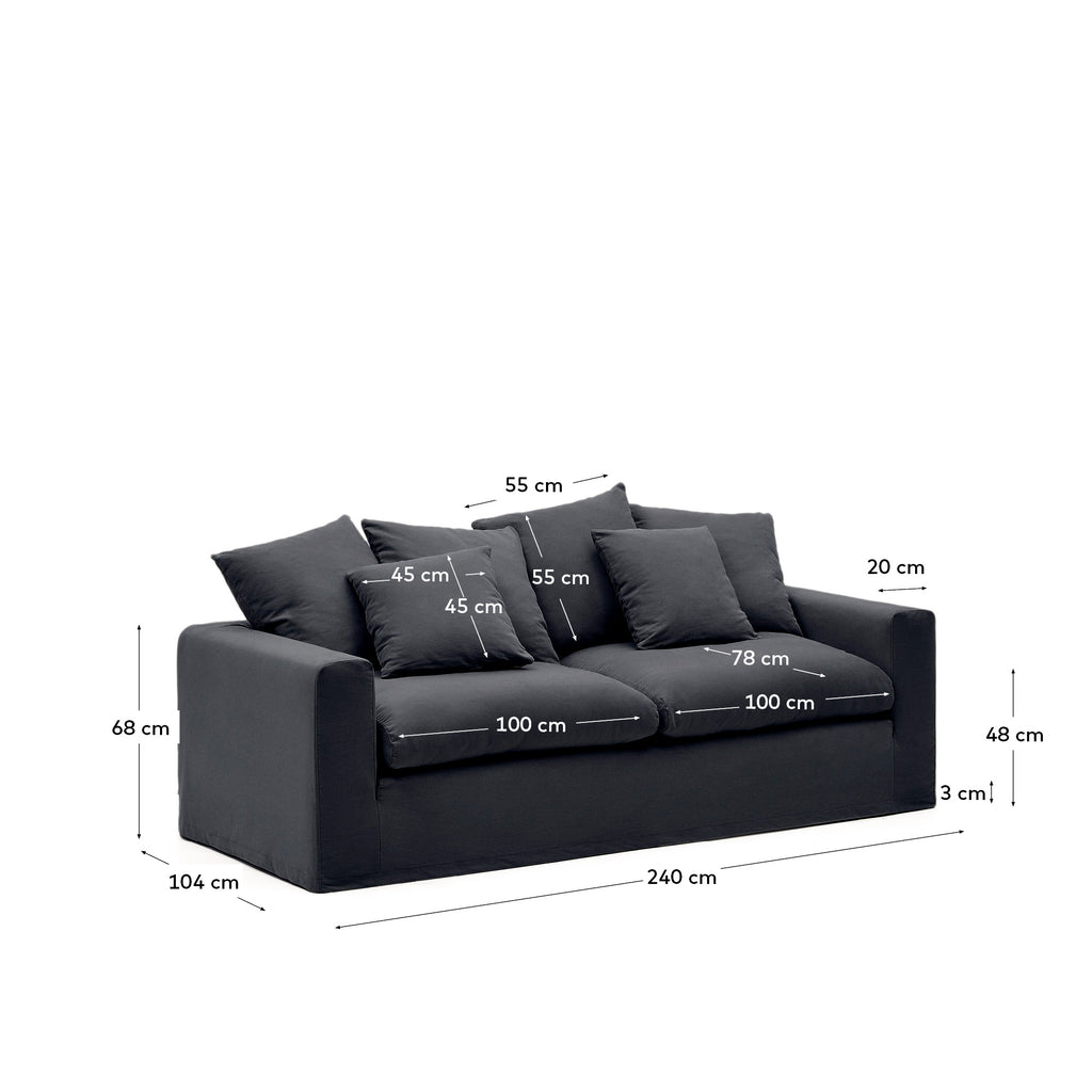 Canapé déhoussable Nora 3 places avec coussins en lin et coton gris anthracite 240 cm
