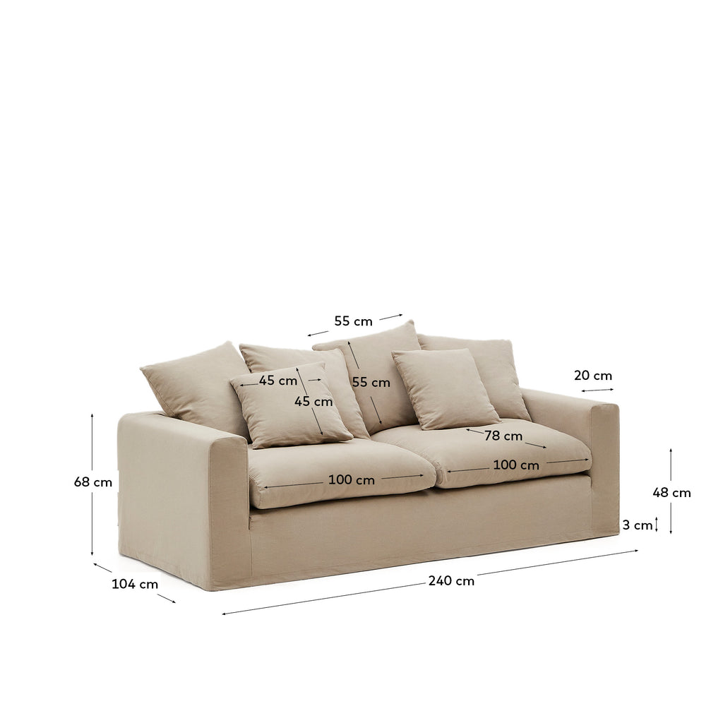 Canapé déhoussable Nora 3 places avec coussins en lin et coton taupe 240 cm
