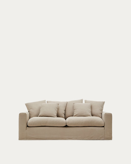 Canapé déhoussable Nora 3 places avec coussins en lin et coton taupe 240 cm