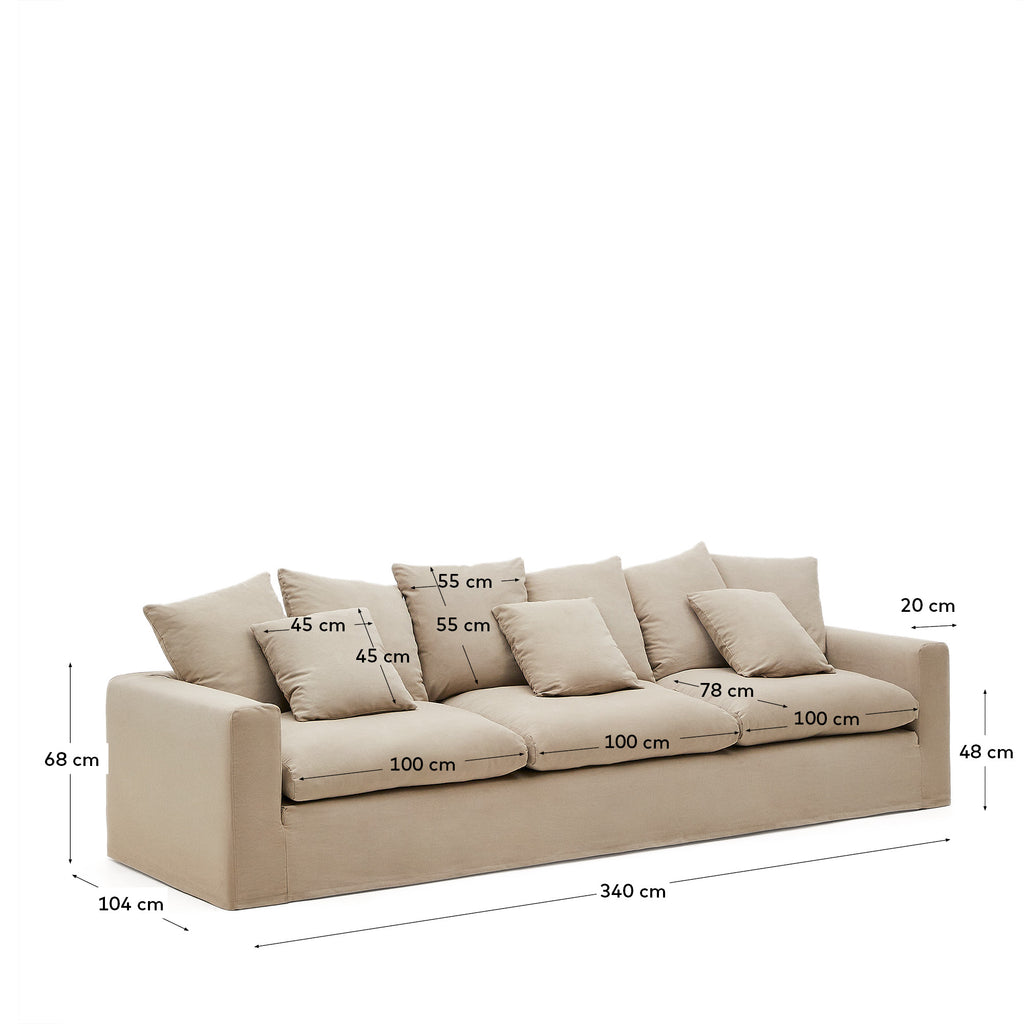 Canapé déhoussable Nora 4 places avec coussins en lin et coton taupe 340 cm