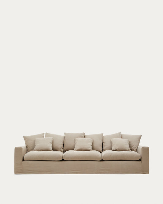 Canapé déhoussable Nora 4 places avec coussins en lin et coton taupe 340 cm
