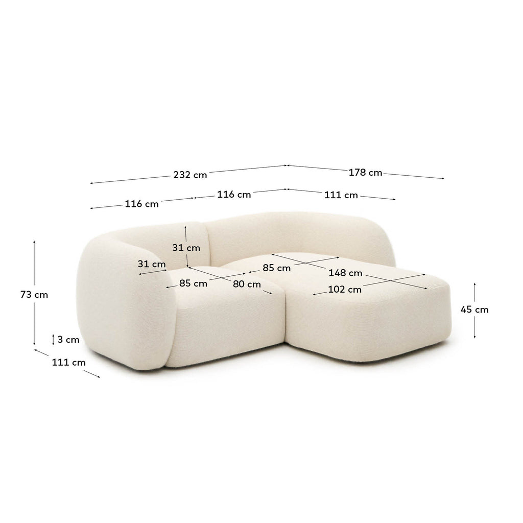 Canapé modulable Martina 2 places ignifugé en chenille avec méridienne droite couleur écrue 230 cm