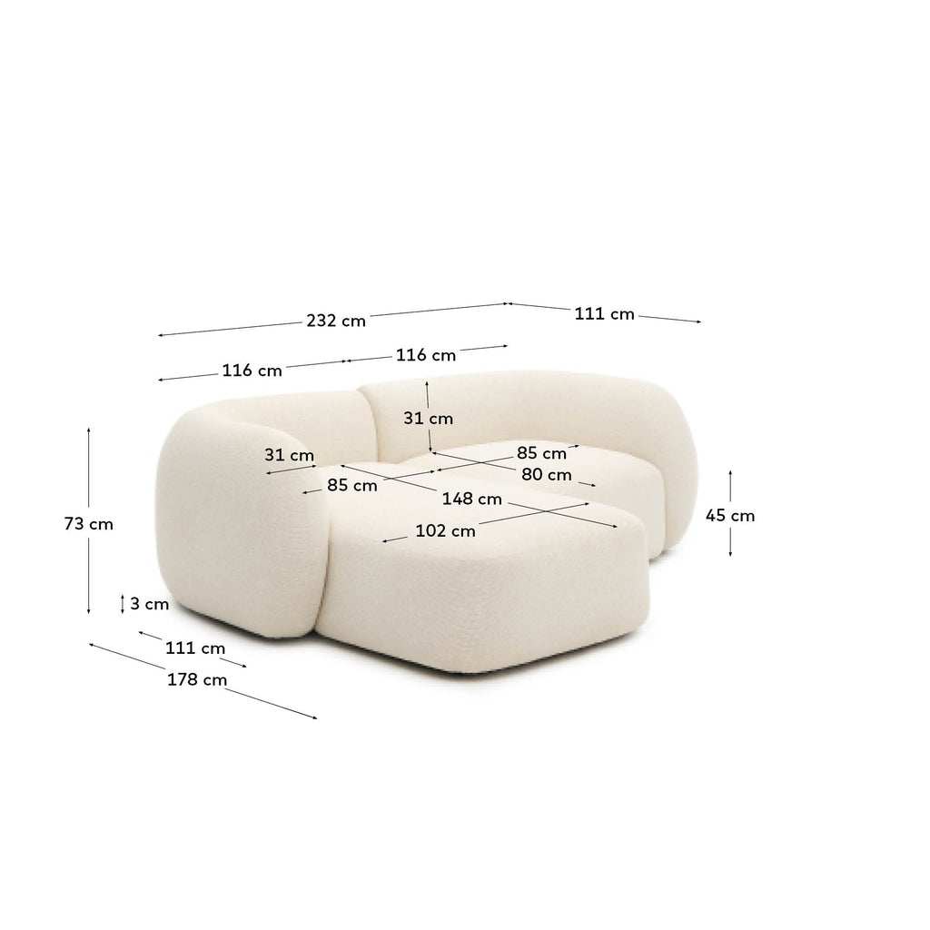 Canapé modulable Martina 2 places ignifugé en chenille avec méridienne gauche couleur écrue 230 cm