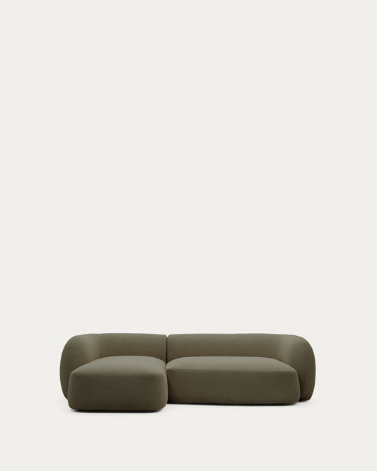 Canapé modulable Martina 3 places ignifugé en chenille verte avec méridienne gauche 287 cm