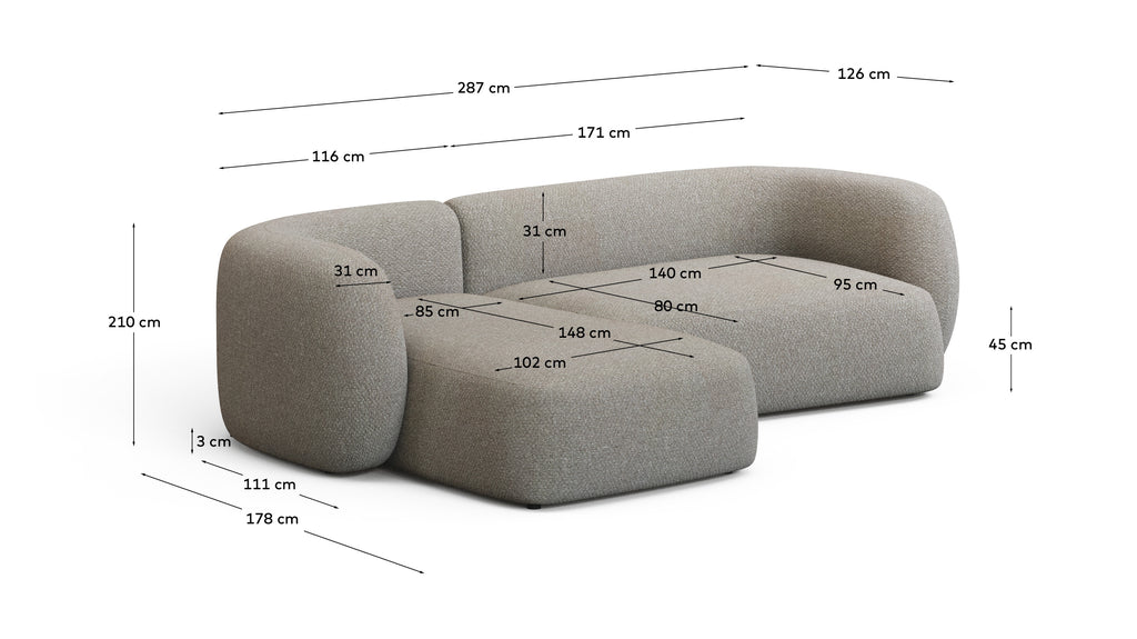 Canapé modulable Martina 3 places en chenille coloris pierre avec méridienne gauche 287 cm