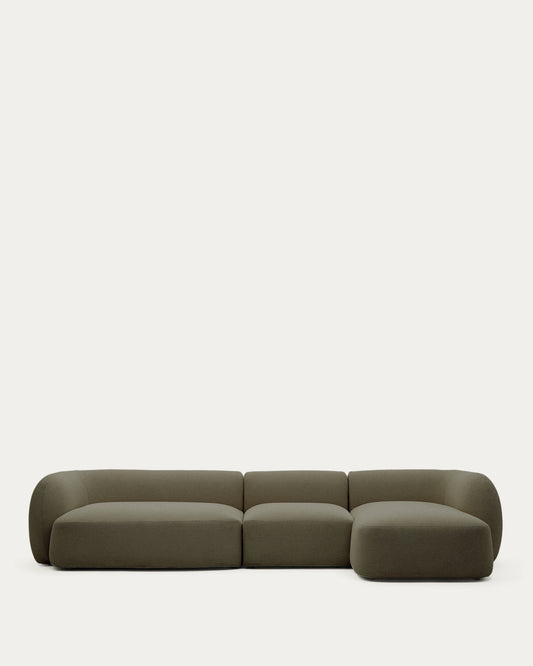 Canapé modulable Martina 4 places ignifugé en chenille avec méridienne droite verte 377 cm