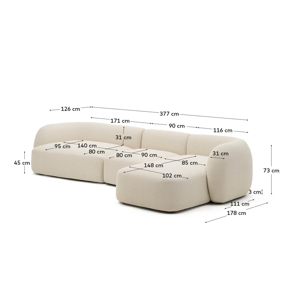 Canapé modulable Martina 4 places ignifugé en chenille avec méridienne droite couleur écrue 377 cm