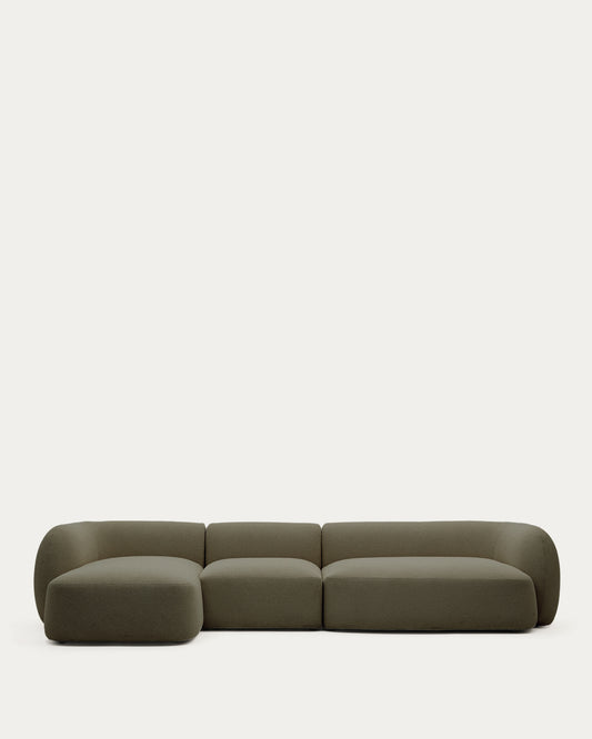 Canapé modulable Martina 4 places ignifugé en chenille avec méridienne gauche verte 377 cm