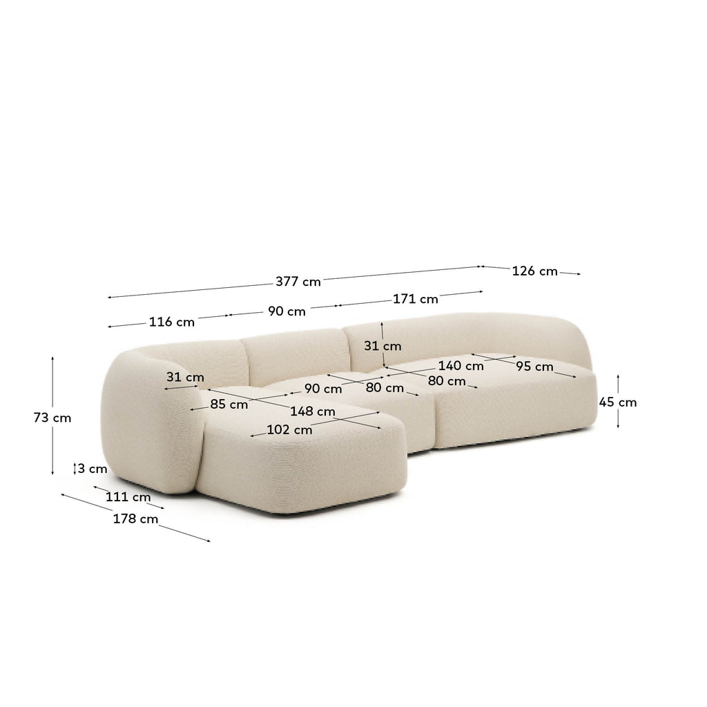 Canapé modulable Martina 4 places ignifugé en chenille avec méridienne gauche couleur écrue 377 cm