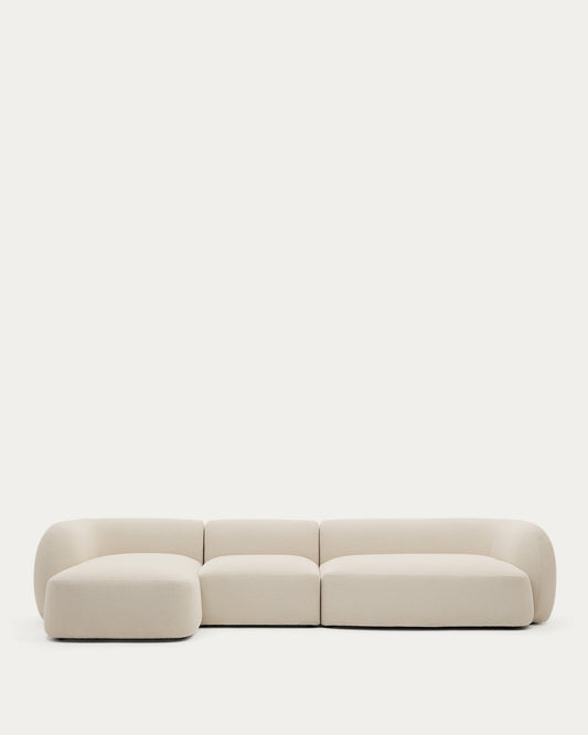 Canapé modulable Martina 4 places ignifugé en chenille avec méridienne gauche couleur écrue 377 cm