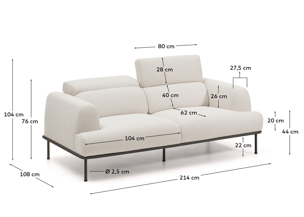 Canapé Aurum 2 places en chenille écrue avec appui-tête inclinable et base en métal gris mat 214 cm FSC Mix Credit