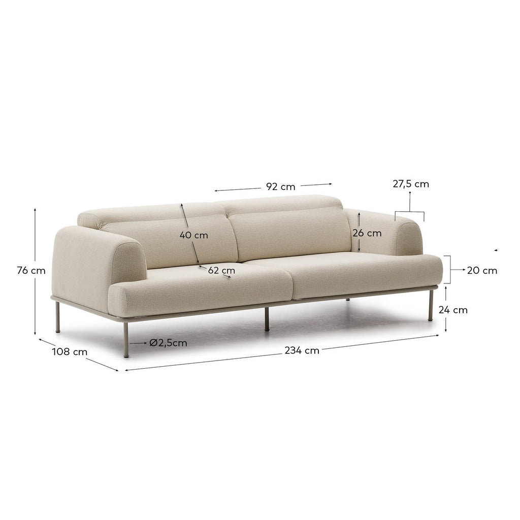 Canapé Aurum 3 places en chenille écrue avec appui-tête inclinable et base en métal beige mat 234 cm FSC Mix Credit