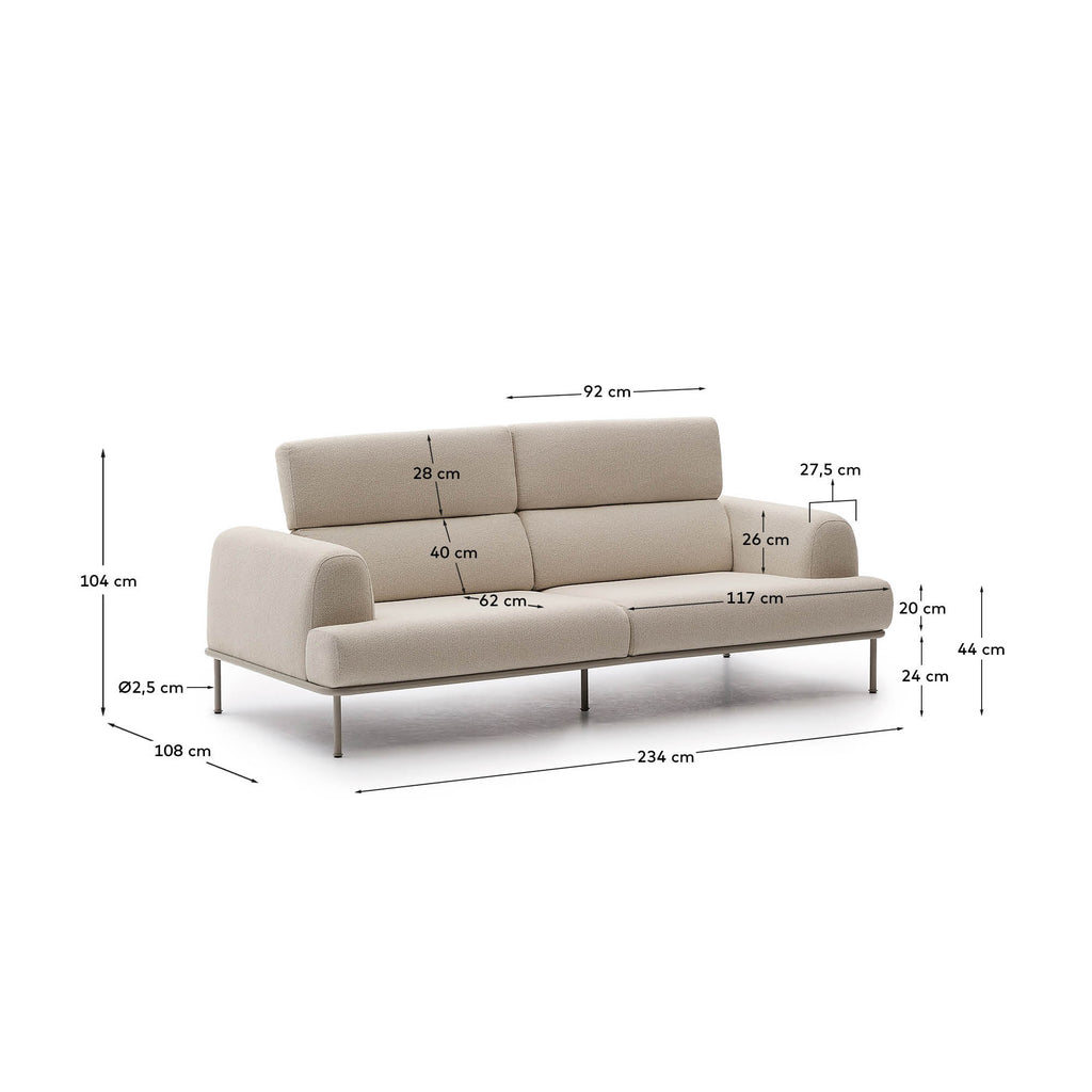Canapé Aurum 3 places en chenille écrue avec appui-tête inclinable et base en métal beige mat 234 cm FSC Mix Credit
