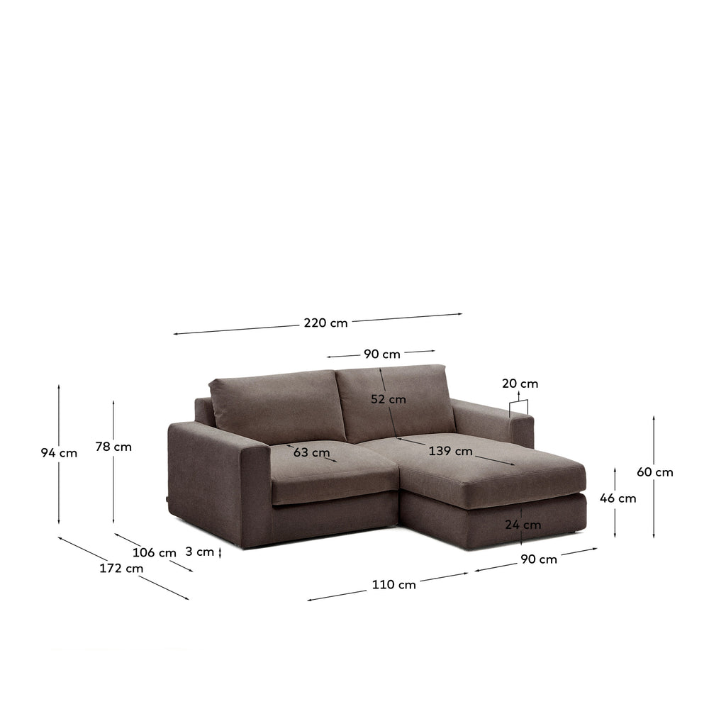 Canapé modulable déhoussable Alea 3 places avec méridienne droite chenille marron foncé 220 cm