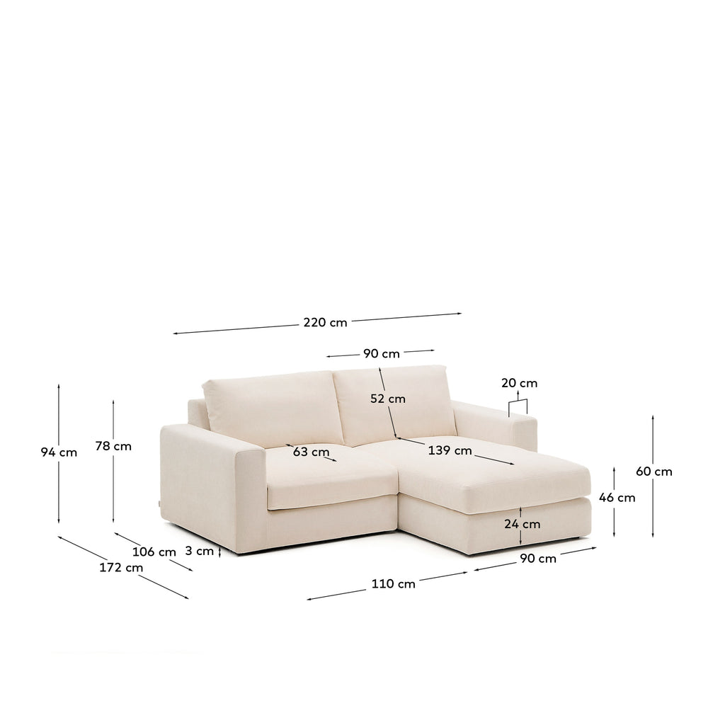 Canapé modulable déhoussable Alea 3 places avec méridienne droite chenille beige 220 cm