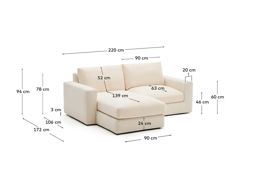 Canapé modulable déhoussable Alea 3 places avec méridienne gauche chenille écrue 220 cm