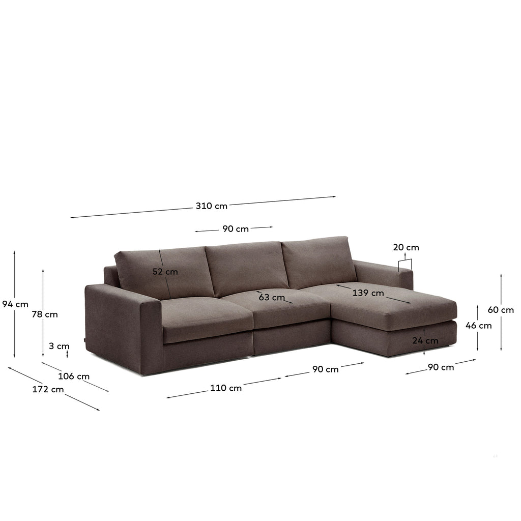 Canapé modulable déhoussable Alea 4 places avec méridienne droite chenille marron foncé 310 cm