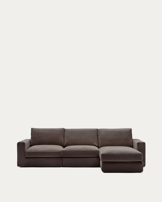 Canapé modulable déhoussable Alea 4 places avec méridienne droite chenille marron foncé 310 cm