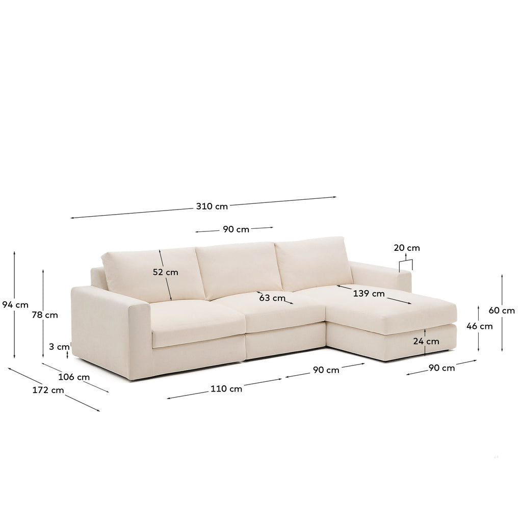 Canapé modulable déhoussable Alea 4 places avec méridienne droite chenille beige 310 cm